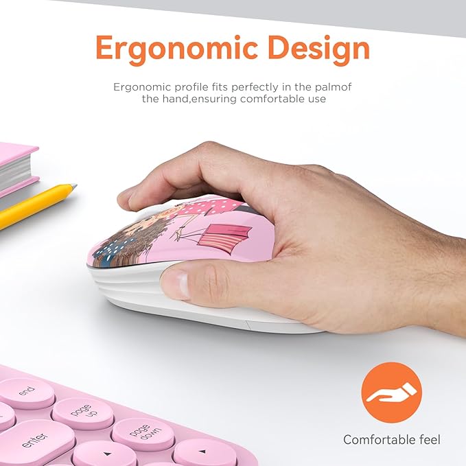 Cute Pink Wireless Mouse, Dual Mode, Bluetooth & 2.4GHz USB Receiver, Silent Clicks, AA-Battery Powered, Handy & Durable, for Kids, Girls, Students on Laptops, Mac, iPad, PC