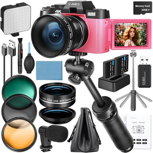 4K Digital Cameras for Photography, 48MP Vlogging Camera for YouTube with Microphone & Tripod Grip, Video Camera with Wide-Angle&Macro Lens, Content Creator Kit & Travel Camera（Pink）