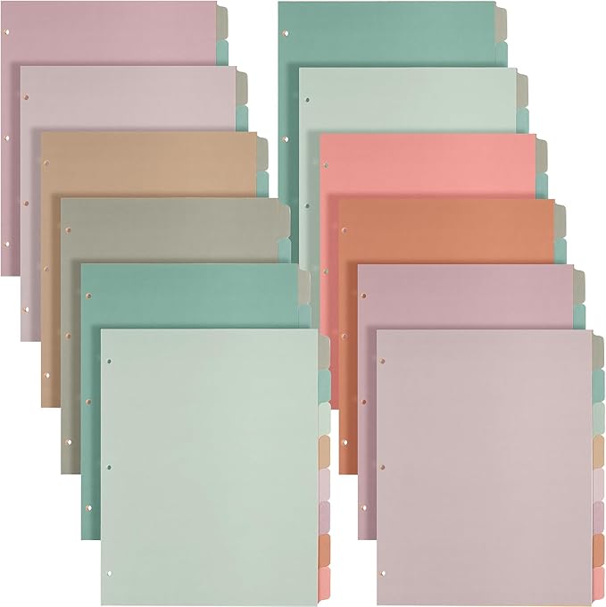 Honoson 12 Sets 8 Tab Dividers for 3 Ring Binders Plastic File 8.5 x 11 Inch Paper Multicolor Page Binder Index Dividers for School Office