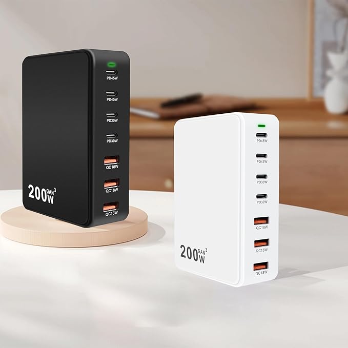 USB C Multi Charger Charging Station 200W 7-Port GaN Fast Charging Brick PD 3.0 TypeC and USB A Wall ChargerPower Adapter for All iPhoneiPadSamsung Android Pixel Series (Black)