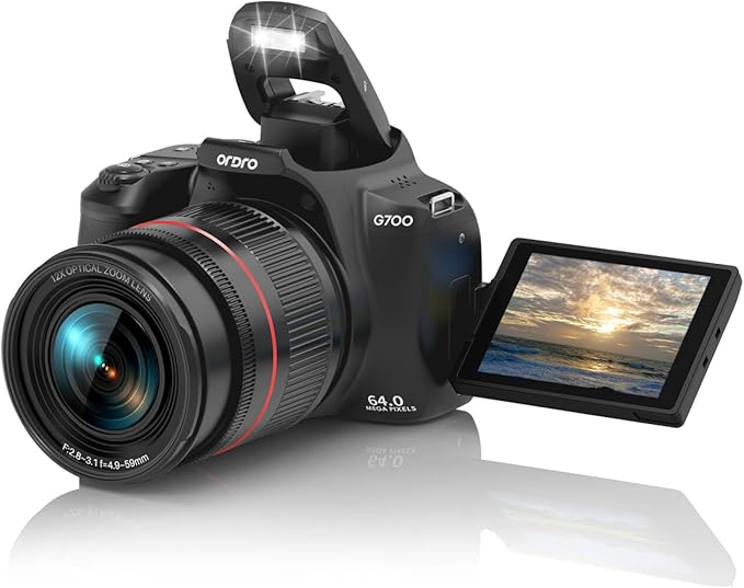 Ordro G700 Digital Camera, 64MP | 12X Optical Zoom | 4K Video | AF/MF | 3.0" Touch Screen | Built-in Flash | 2 Batteries (Black)
