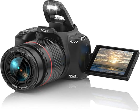 Ordro G700 Digital Camera, 64MP | 12X Optical Zoom | 4K Video | AF/MF | 3.0" Touch Screen | Built-in Flash | 2 Batteries (Black)