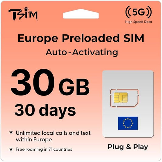 TSIM Europe SIM Card for Travel 30day | 30Gb High Speed Data | Auto Activating Preloaded SIM Card | UK Three SIM Card Free Roaming in 71 Countries.