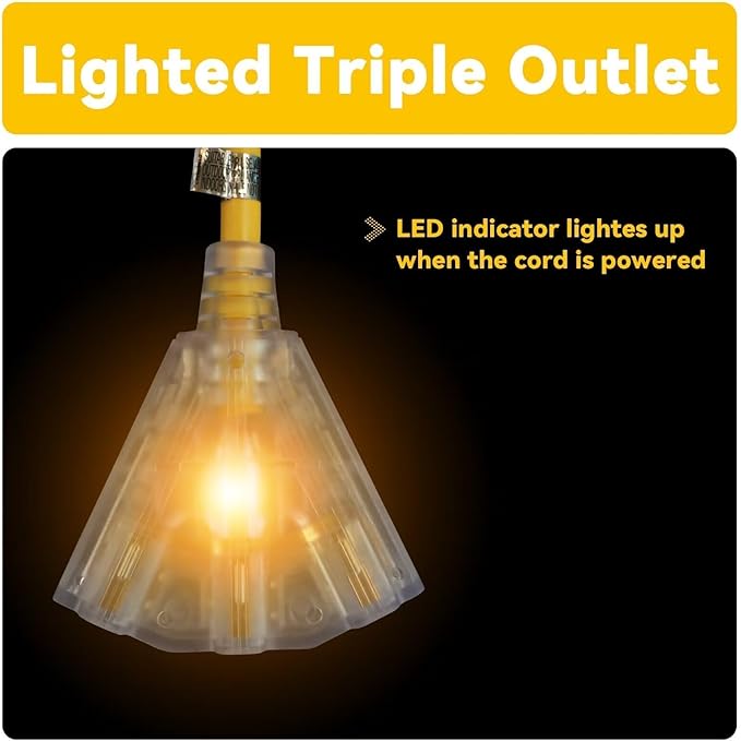 EP 6 Ft 12 Gauge Heavy Duty Extension Cord, 15A 125V 1875W, 3 Outlet Indoor/Outdoor Power Cord with Lighted End, 12/3 SJTW Weatherproof Yellow, UL Listed
