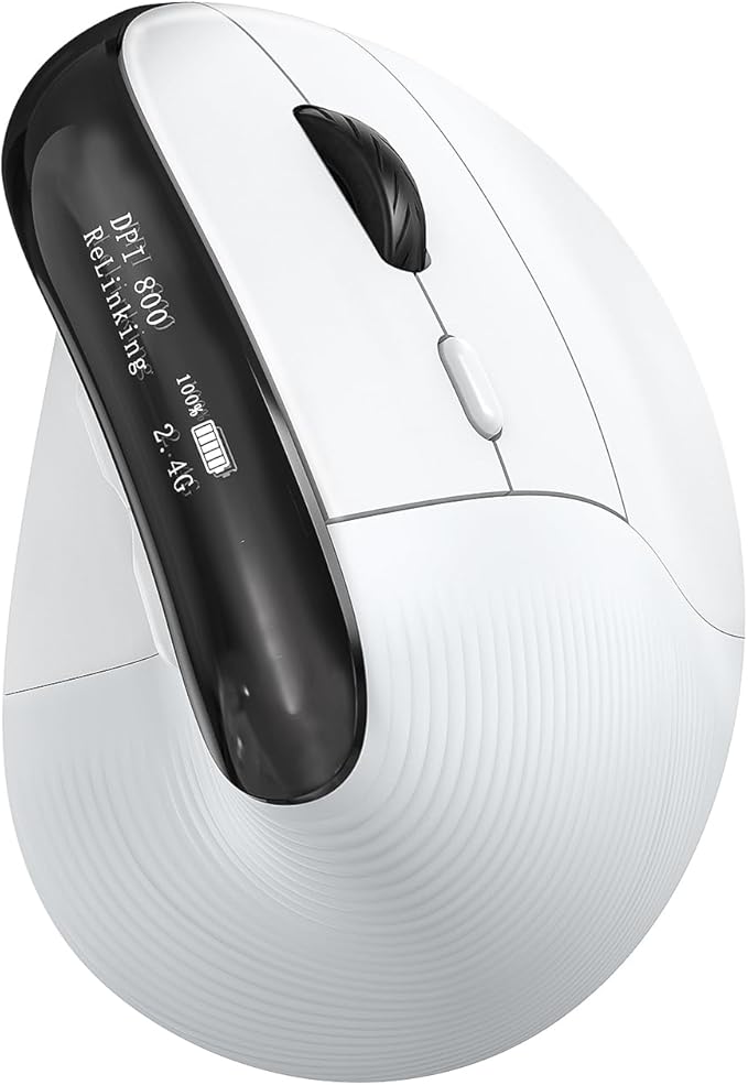 Wireless Ergonomic Mouse, Vertical Ergo Mouse with OLED Screen, Quiet Click, Rechargeable, Wired/Bluetooth/2.4GHz, 5 Adijustable DPI 800-6400 for Laptop, PC, Desktop, Computer, White