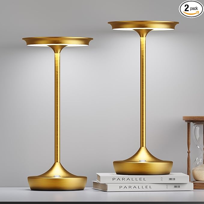 2 Pack LED Rechargeable Cordless Table Lamps, Portable Outdoor Battery Operated Table Light 3 Color Stepless Dimming Table Lamp with Memory Function for Patio Restaurant Dining Room Gold