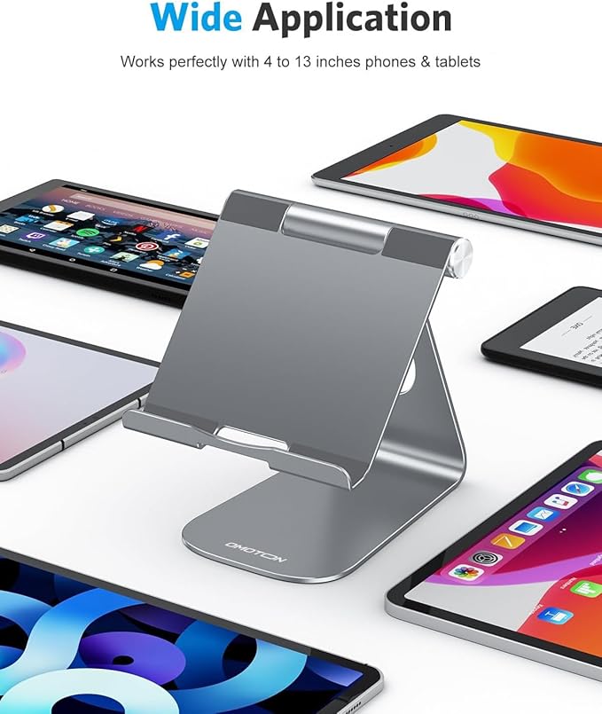 OMOTON Tablet Stand Holder Angle Adjustable, T1 Desktop Aluminum Tablet Dock Cradle Compatible with iPad Air/Mini/Pro 11/12.9, iPad 10.2, Samsung Tab and More UP to 12.9'', Grey