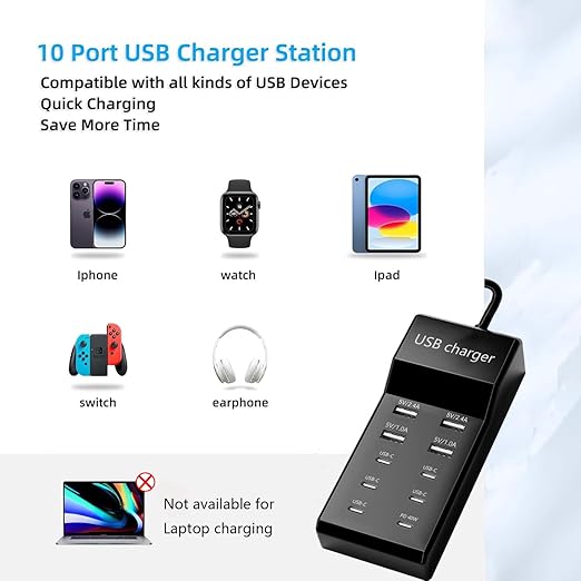 i Phone 16 15 Charger Fast Charging，USB Multi Device Charging Station USB Charger 10 Ports 4A-6C Power Hub with Smart Plug Charging Stand Compatible with iPhone 15, iPod, Galaxy S Smartphones