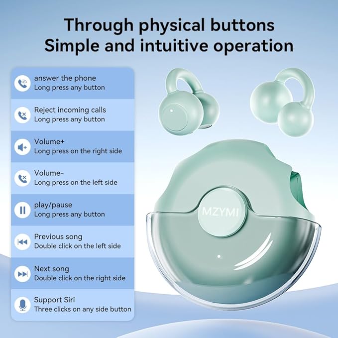 Open Ear Earbuds, Bluetooth 5.4 Clip On Headphones,with Mic, 56H Playtime, IPX5 Waterproof, Clip-On Fit, Clear Audio, for Small Ears, Workout Sports Running(Sky Blue)