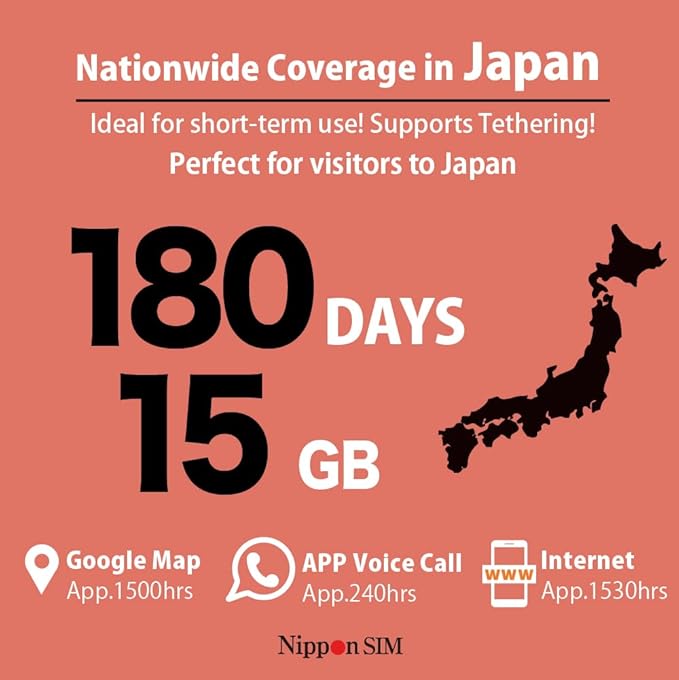 Japan SIM Card 180 Days Data Only | 15GB High-Speed 4G LTE + Unlimited Data at Reduced Speed | No Roaming Needed for Faster, Safer Access | Hotspot tethering Supported | Docomo Network | Made in Japan