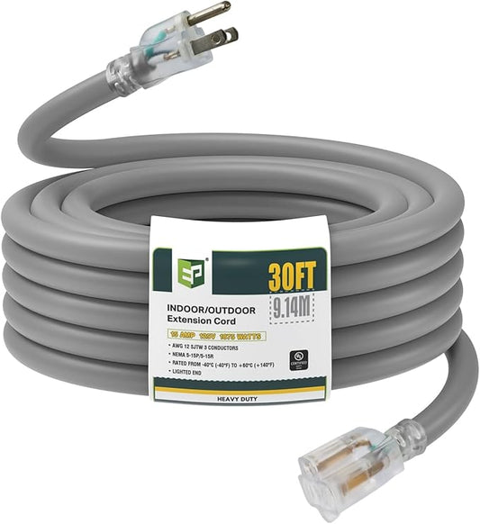 EP 30 Ft Lighted Outdoor Extension Cord - 12/3 SJTW Heavy Duty Grey Extension Cable with 3 Prong Grounded Plug - Power Cord for Lawn, Garden, Appliances