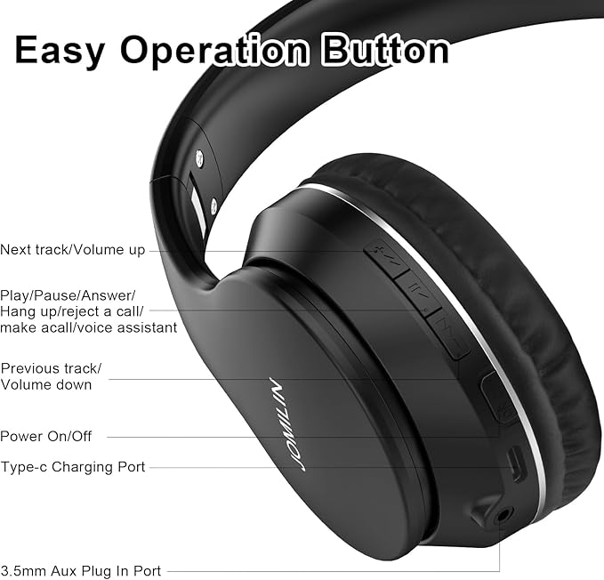 JOMILIN B9 Wireless Headphones Over-Ear, 60 Hours Playtime Lightweight Folding Hi-fi Stereo Bass Bluetooth Headset with Mic, Volume Control Headphones for iPad/Travel/Tablet/PC (Black)