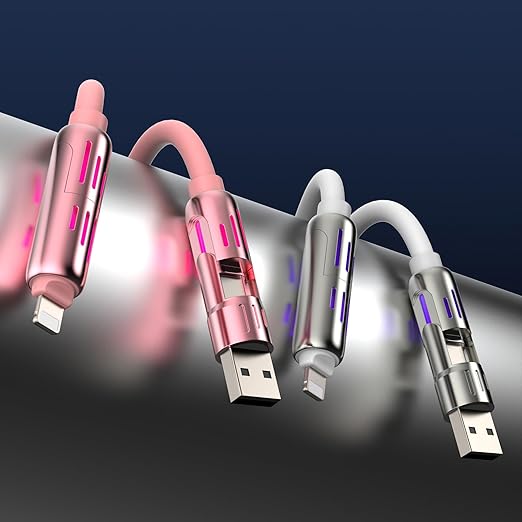 MFish 240W 4-in-1 Universal USB Charging Cable [2 Pack, 6.6ft] – Fast Charger Cord with USB-A, Dual USB-C & Lighting, for iPhone 14/15/16/17 Series, iPad & MacBook & More (2PACK, Pink+White, 6.6Ft)