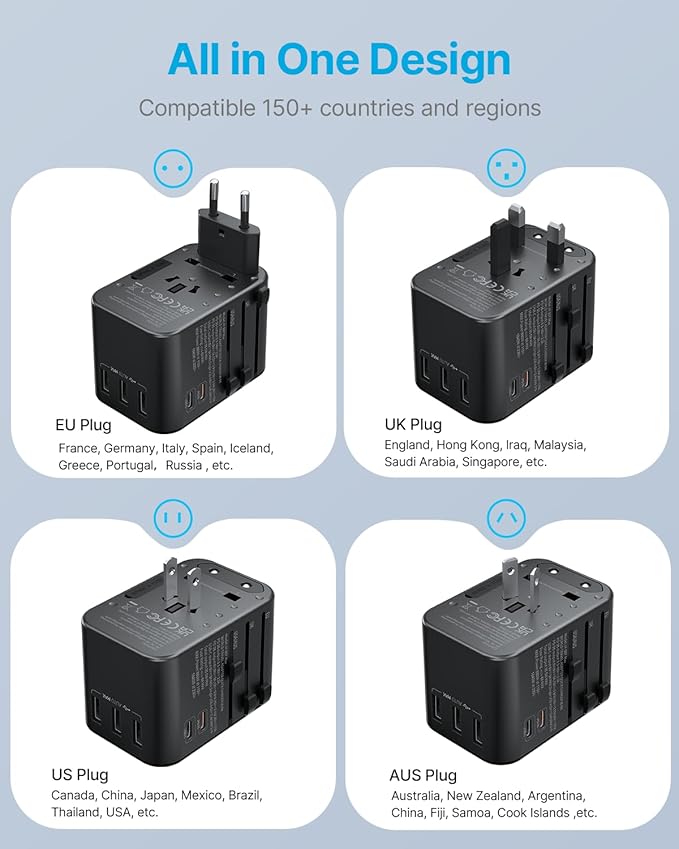 Universal Travel Adapter, VINTAR 35.5W International Power Adapter with 3 USB A QC and 2 USB C PD, All in One Plug Adapter Worldwide Travel Essentials for EU/UK/USA/AUS(Type C/G/A/I), Black