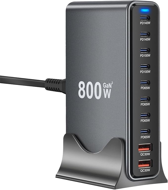 800W GaN3 10-Port USB-C Charging Station - Fast Charger for Laptops, Tablets, Smartphones, and More (Black)