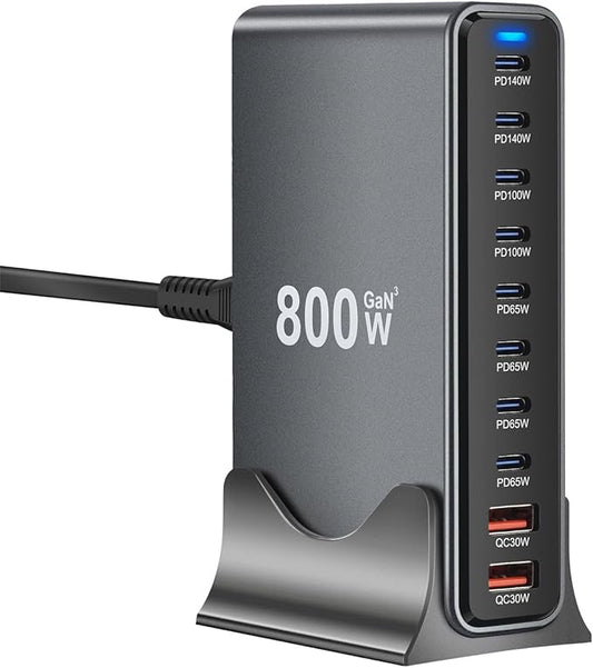 800W GaN3 10-Port USB-C Charging Station - Fast Charger for Laptops, Tablets, Smartphones, and More (Black)