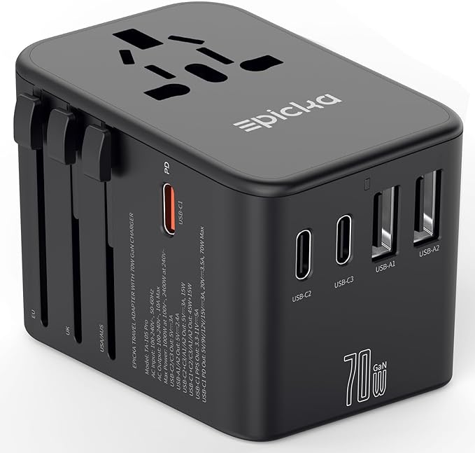 EPICKA Universal Travel Adapter, GaN International Plug Adapter with 3 USB-C 70W PD Fast Charging & 2 USB-A Adaptor All-in-one Wall Charger for USA EU UK AUS (TA-105 Pro, Black)