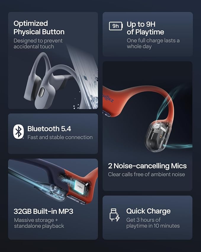 SHOKZ OpenSwim Pro - Open-Ear Bluetooth & MP3 Bone Conduction Sport Headphones, Swimming Headphones, IP68 Waterproof, Red