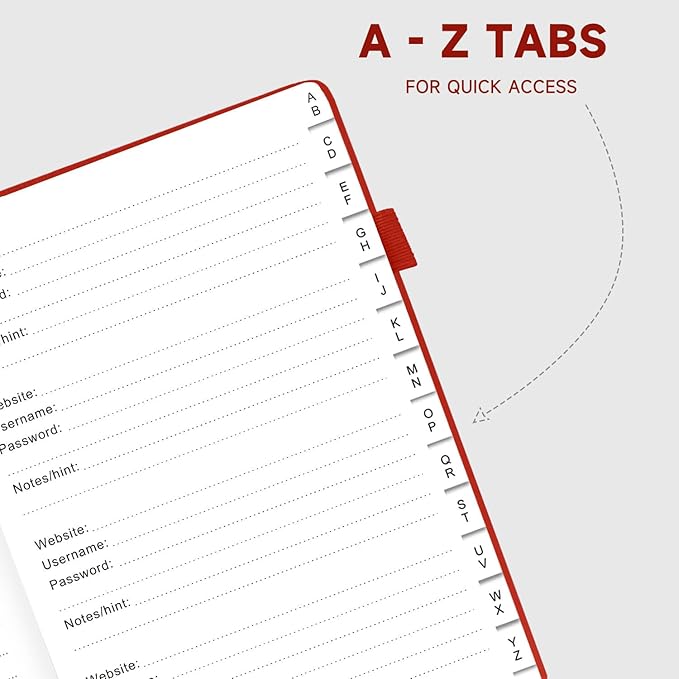 Password Book with Alphabetical Tabs – Hardcover Internet Address & Password Organizer – Password Keeper Notebook for Computer & Website – 7x 10" Log-in Password Journal w/Thick Paper (Red)
