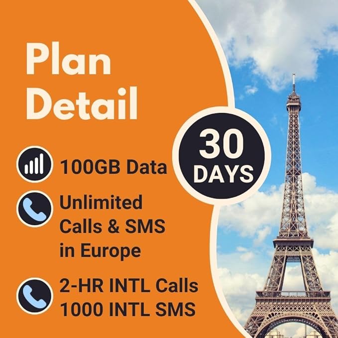 Orange Holiday Europe Prepaid Sim 100GB Internet Data | 30 Days-Use | Data tethering Allowed | 120min & 1000 SMS from Europe to Any Country Worldwide+1 Sim Card Holder+1 Pin