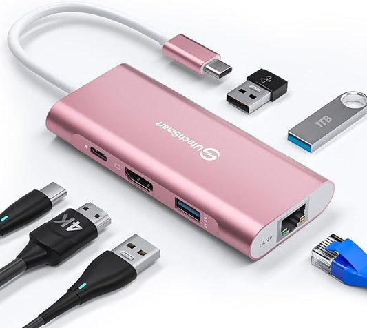 UtechSmart USB C Hub, Ethernet Multiport Adapter 6 in 1 USB C to HDMI Dock Compatible for MacBook Pro/Air, Chromebook, Dell XPS, HP and Type C Devices (Gigabit Ethernet 100W PD 4K HDMI USB 3.0) Pink