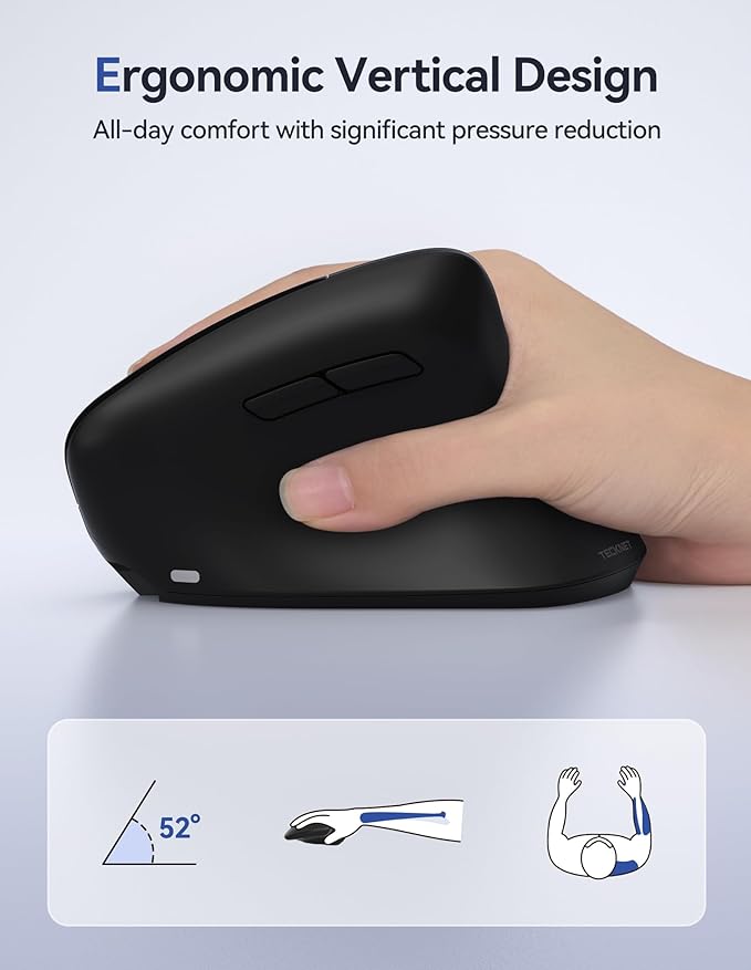 TECKNET Ergonomic Mouse, Wireless Vertical Mouse, 4800 DPI, Rechargeable Bluetooth Mice for Carpal Tunnel Right Hand, 3-Device Connectivity for Laptop, PC, MacBook, Black