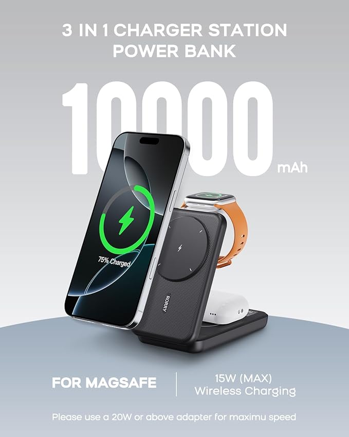 RORRY Portable Charger, 3-in-1 Charging Station 10000mAh Portable Charger Power Bank for MagSafe Foldable Battery Pack Travel for iPhone 16/15/14/13/12, for Apple Watch 10/9/8/7/6/5/Ultra/2, Black