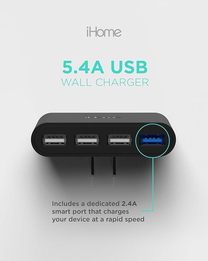 iHome Slim 4-Port USB Wall Charger, AC Pro Multiport Plug Adapter, Phone Charging Block with 4 Ports, Flat USB Wall Adapter for Home & Travel