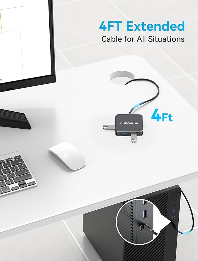 USB C Hub Long Cable 4FT 10Gbps, Multiport Adapter with 4K 60Hz HDMI, 100W Power Delivery, 3 USB A3.1+1 USB-C 3.1 Data Port, USB C to HDMI Adapter for MacBook, Dell, Lenovo, Surface, iPad PRO