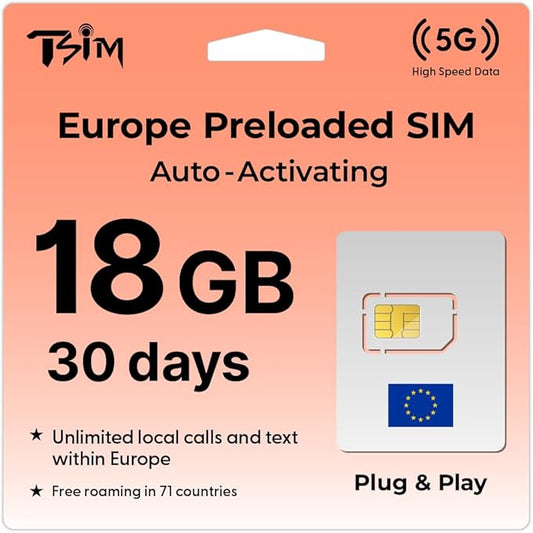 TSIM Europe SIM Card for Travel 30day | 18Gb High Speed Data | Auto Activating Preloaded SIM Card | UK Three SIM Card Free Roaming in 71 Countries.