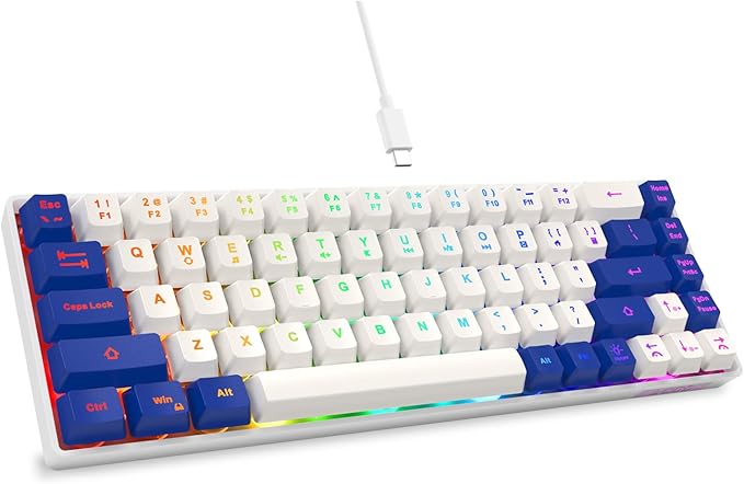65% Gaming Keyboard, LED Backlit Mini Wired Keyboard, Ultra-Compact Anti-Ghosting No-Conflict 68 Keys Membrane Gaming Wired Keyboard for PC Laptop Windows Gamer(White-Blue)