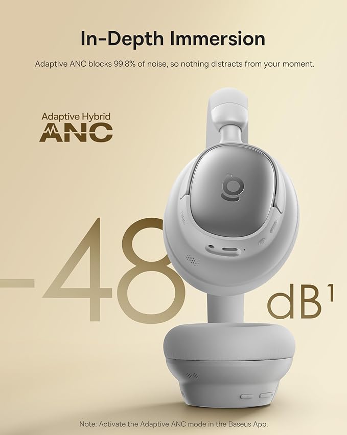 Baseus Bowie MH1 Adaptive Active Noise Cancelling Headphones, Real-Time Adaptive Hybrid ANC, SuperBass 2.0, LDAC Hi-Res Sound, 80H Playtime, Comfortable Fit, Clear Calls, Bluetooth 6.0 -Frosted Gray