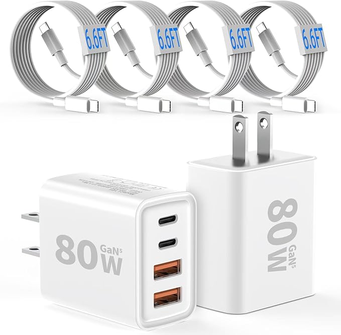 [2-Pack] USB C Charger,80W 4-Port Type C Fast Charging Block,USBC Multiport Wall Plug PD&QC GaN Charging Cube with 6.6FT USB C Cable for iPhone 16/15/14/13/12/11/Pro Max/XS/XR, Samsung（White