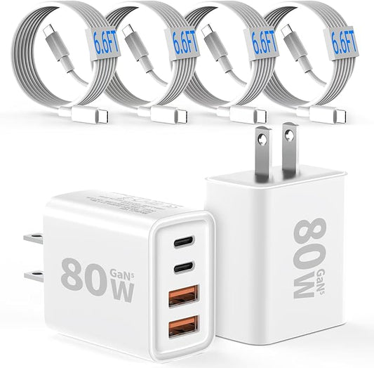 [2-Pack] USB C Charger,80W 4-Port Type C Fast Charging Block,USBC Multiport Wall Plug PD&QC GaN Charging Cube with 6.6FT USB C Cable for iPhone 16/15/14/13/12/11/Pro Max/XS/XR, Samsung（White