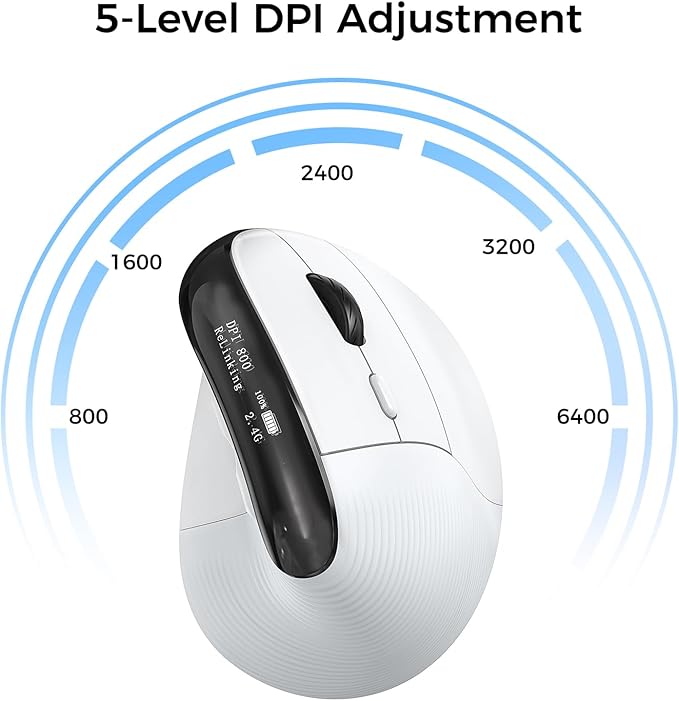 Wireless Ergonomic Mouse, Vertical Ergo Mouse with OLED Screen, Quiet Click, Rechargeable, Wired/Bluetooth/2.4GHz, 5 Adijustable DPI 800-6400 for Laptop, PC, Desktop, Computer, White