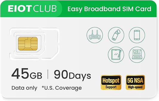 EIOTCLUB Prepaid Data SIM Card 45GB/90Day, 5G/4G LTE Nationwide Coverage, Compatible with AT&T Network | Data Only SIM Card for Routers, Portable WiFi Hotspots, Tablets & Unlocked Phones, No Contract