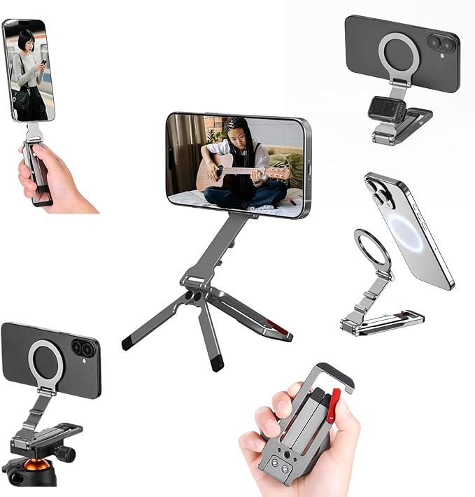 Magnetic Phone Tripod Stand for iPhone, Aluminium Lock Mini Tripod with Arca-Swiss, for MagSafe Smartphone Holder Quick Mount with 1/4'' Screw Hole and Cold Shoe for iPhone 17 16 15 14 13 12