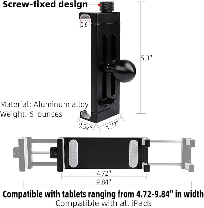 Aluminum Alloy Tablet Holder with 1" Ball Head-360 Rotatable Tablet Mount for iPad and Other Devices from 4.7"-12.9", Compatible with RAM Mounts and Other B Size Double Socket Arm