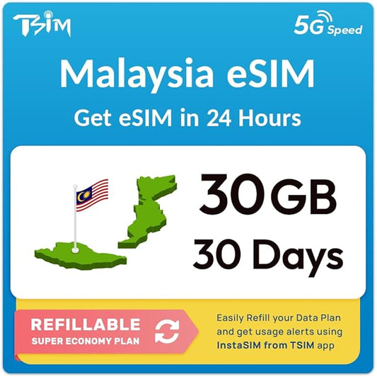 Malaysia eSIM | 30GB Super Saver Refillable Plan! QR Code Sent via Email in 24Hrs - Scan & Use Immediately | Auto Activating 30 Day Validity | Hotspot Allowed | Data-Only No Phone Number
