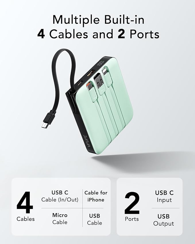 VRURC Portable Charger USB C, Power Bank with Built-in Cable, 10000mAh 20W Battery Pack for iPhone 16 15 14 Samsung Galaxy S23 S22 Google, Note 20, Pixel, Moto, LG Android Phone, Green(1 Pack)
