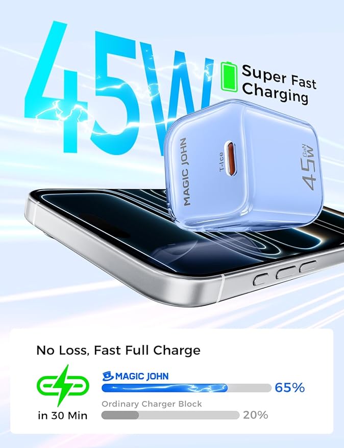 MAGIC JOHN 45W USB C Charger Block, Ultra-Fast Charging for iPhone 15/16/17 & More, Compatible with iPhone, iPad, Samsung, and Other USB C Devices Blue
