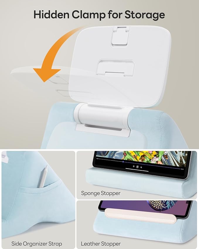 SAIJI Tablet Kindle Stand Pillow - iPad Holder for Lap Reading in Bed, with Lifter & Angle Adjustable Multi-Function Clip for 4-13" Tablets, iPad, Kindle, Phone, Blue