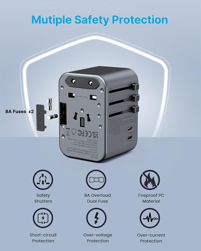 Universal Travel Adapter, VINTAR 35.5W International Power Adapter with 3 USB A QC and 2 USB C PD, All in One Plug Adapter Worldwide Travel Essentials for EU/UK/USA/AUS(Type C/G/A/I), Silver