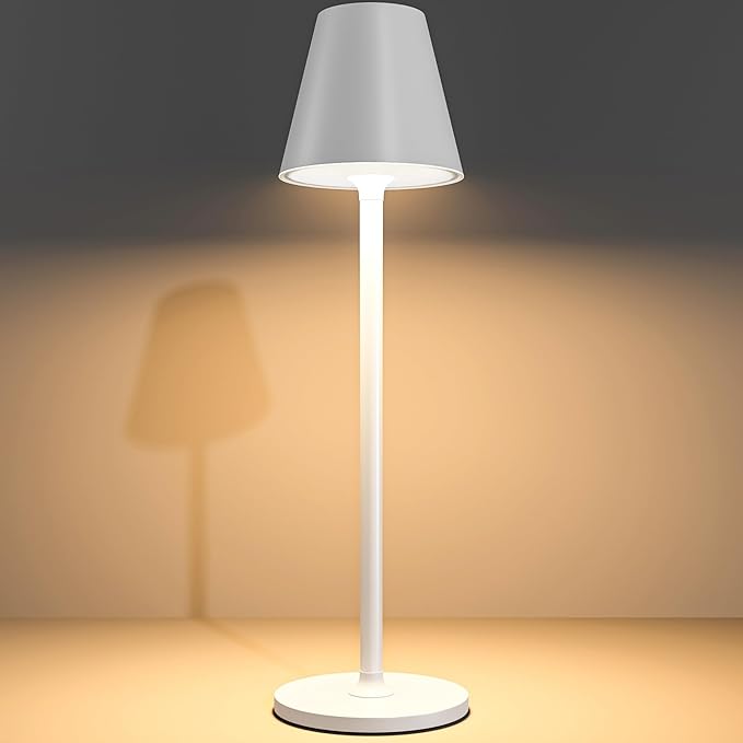 Modern LED Cordless Table Lamp, 4000mAh Rechargeable Battery, 3 Level Brightness Night Light, Metal Shell, Minimalist Design, for Couples Dinner/Coffee Table/Restaurant/Bedroom, White