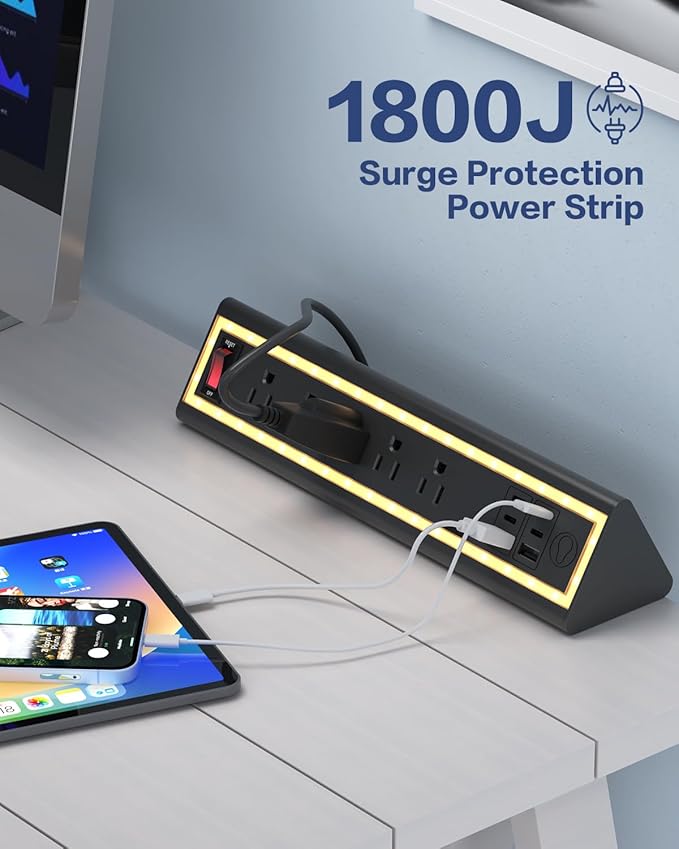 Desk Clamp Power Strip with Nightlight, 40W Fast Charging, 6FT Extension Cord, 4x20W USB-C & 2 USB Ports, 5 AC Outlets, Fits 1.69-Inch Table Edges