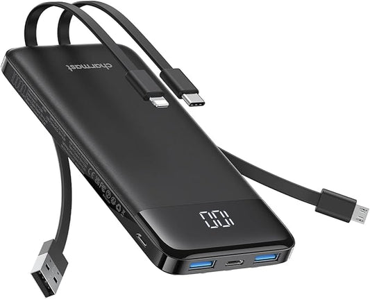 charmast Portable Charger with Built in Cables, 10000mAh Slim Power Bank, 15W USB C in&Out Port High Speed Charging External Charger, Battery Pack Compatible with iPhone 16 15 13 Samsung Google iPad