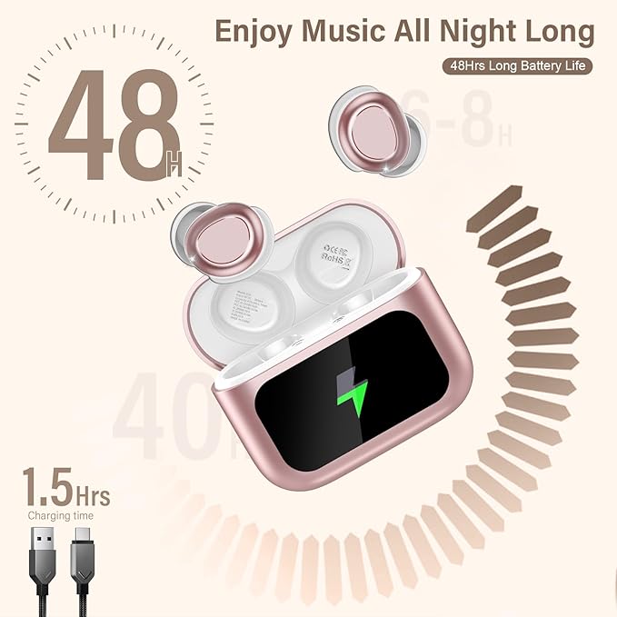 Sleep Earbuds Bluetooth 5.4 in Ear Touch Screen Sleep Headphones, Small Design Mini Sleep Earbuds for Side Sleepers with Sleep Mode, 48H Playtime Sleep Earphones Clear Calls, 5 EQ Modes, Rose