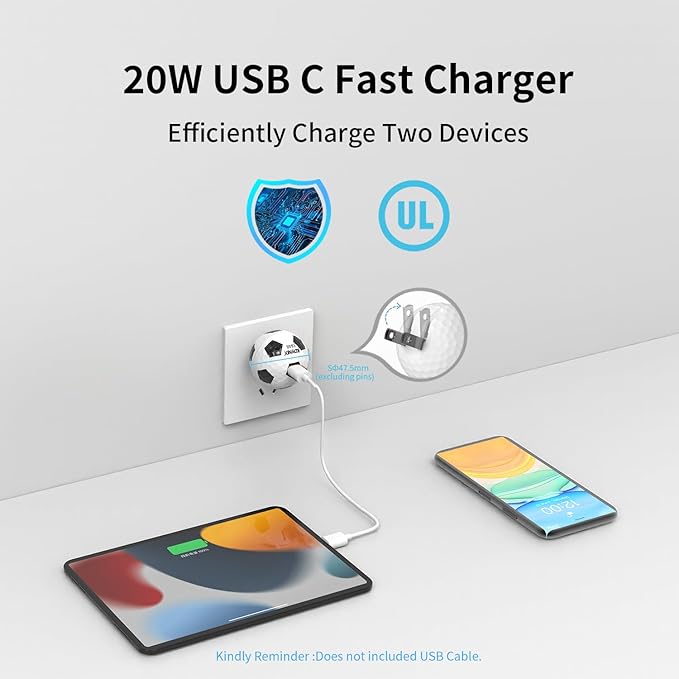 USB C Charger Block 20W，Creative Golf Ball Type C Wall Charger，GaN III Power Adapter with UL Certified，Fast Charging for iPhone 16/15 Series, Galaxy, Google Pixel,iPad,AirPods