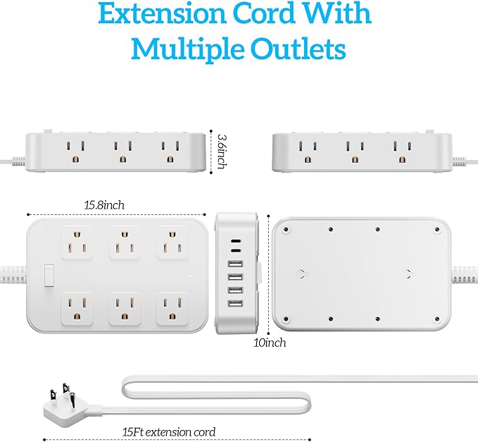 Flat Plug Power Strip Surge Protector with 12 AC Outlets 6 USB Ports 3 Side Multi Plug Outlet Extender 15 Ft Extension Cord for Home Office Kitchen Dorm Wall Desk Charging Station ETL Listed