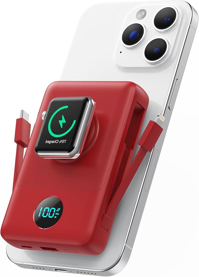Magnetic Portable Charger for iPhone with Built-in Cables, 6-in-1 10800mAh Power Bank with iWatch Charger & LCD Display,25W Fast Charging Battery Pack for iPhone 16/15/14/13/12,Apple Watch (Red)